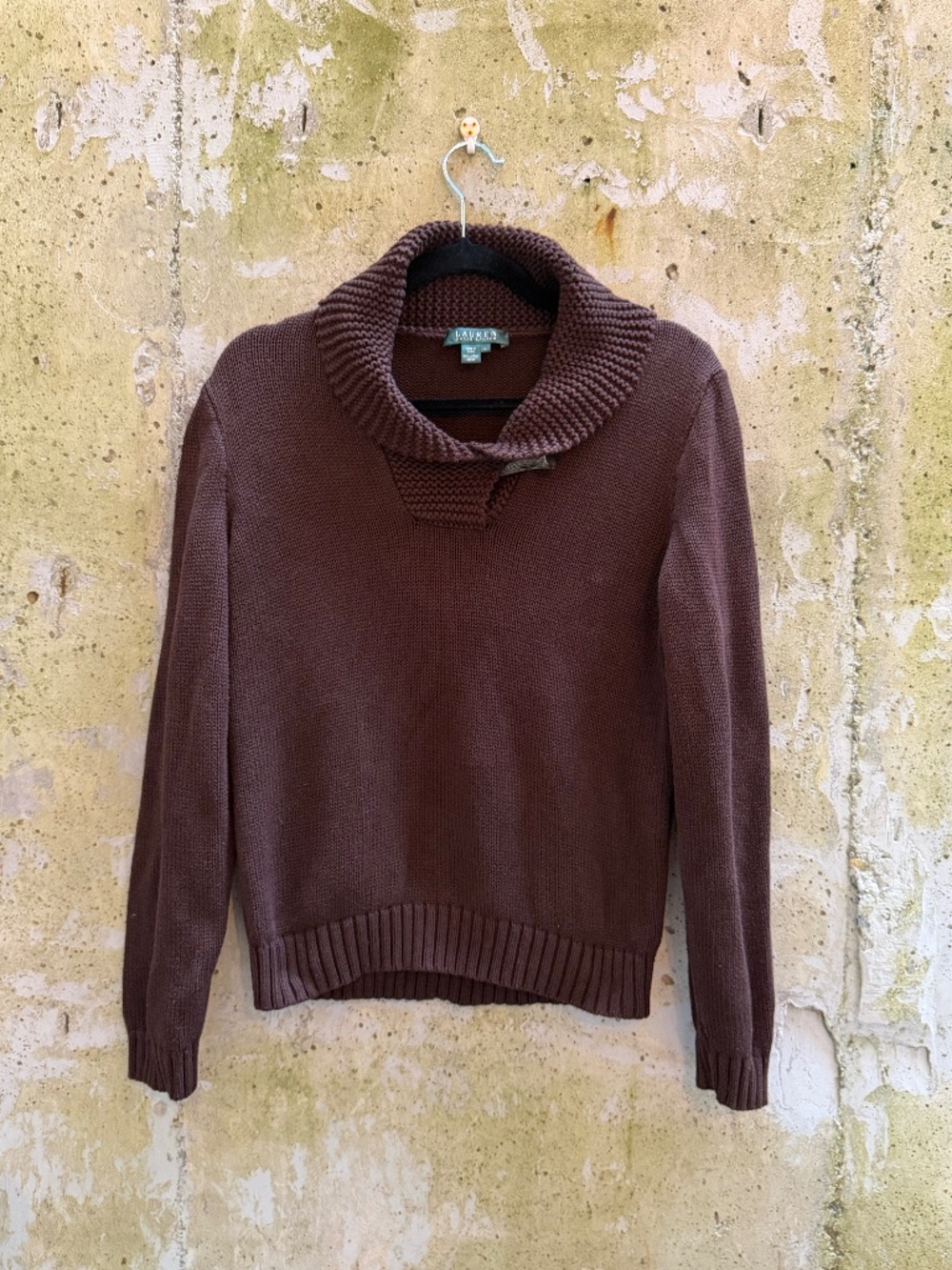 Lauren Ralph Lauren Women's Sweater Brown Shawl Collar Horn Closure, Large